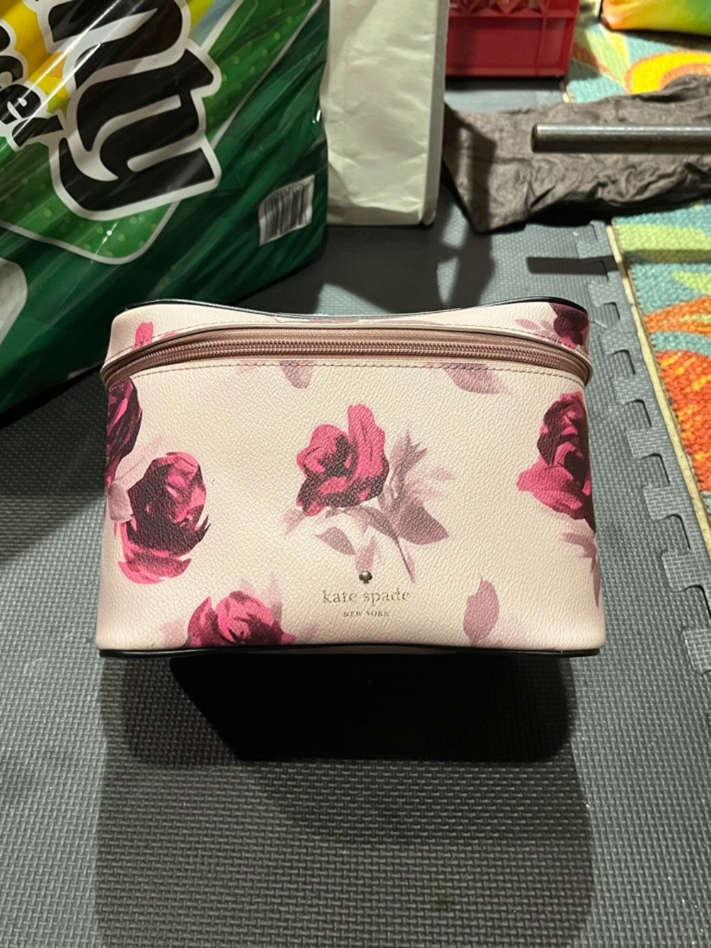 kate spade Blush Pink Rose Print Cosmetic Case with matching makeup pouch